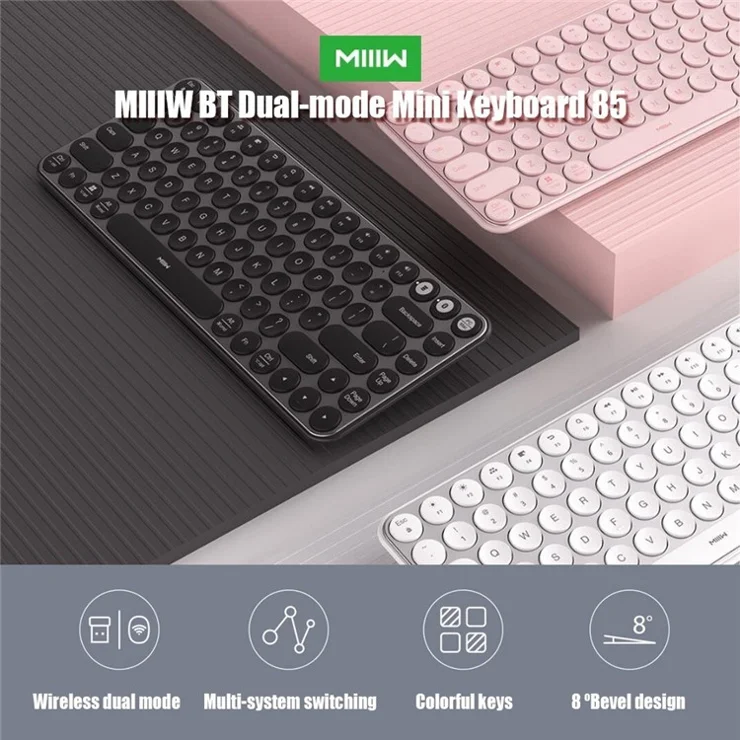 MIIIW MWXKT01 Bluetooth-compatible Keyboard Portable Mini Dual Mode (Bluetooth-compatible 4.2 + 2.4G) Wireless Keyboard with 85-Key Round Keycaps for Mac/iPad/iPhone/Windows/iOS/Android - Black