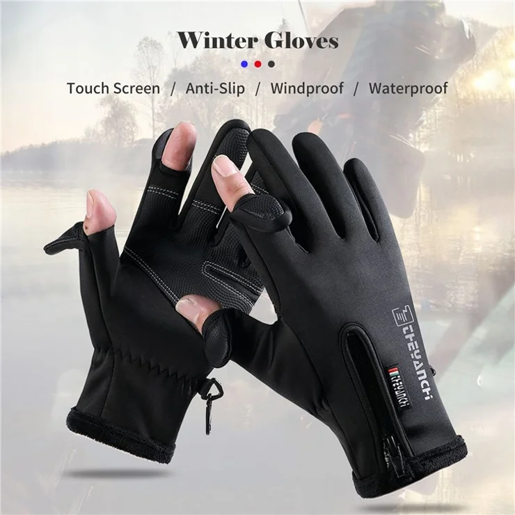 Touch Screen Winter Warm Gloves Windproof Waterproof Zipper Mittens Gloves for Running Driving Cycling Working - Black/M