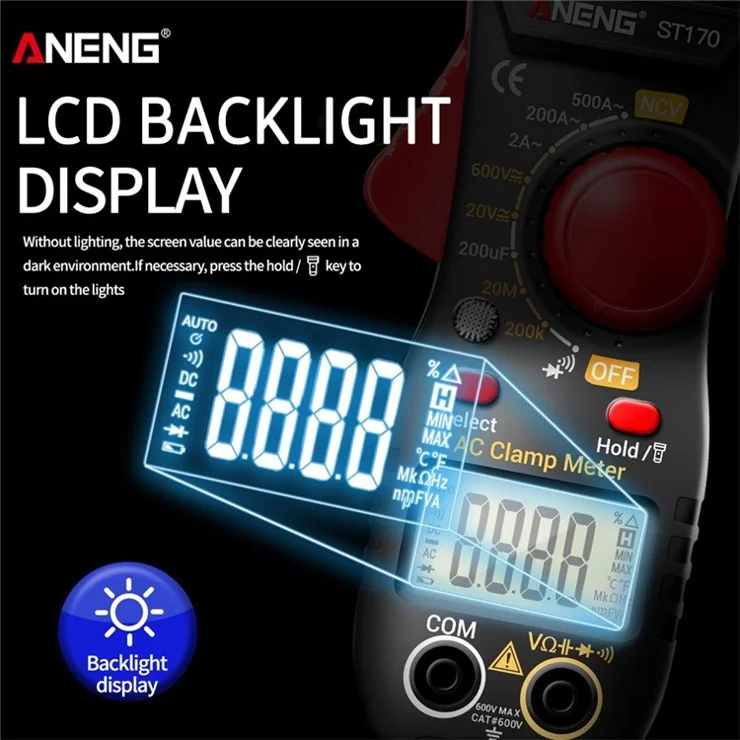 ANENG ST170 Digital Clamp Meter Multimeter 1999 Counts AC DC Smart Clamp Meter, Auto-ranging Measure Resistance - Black/Red