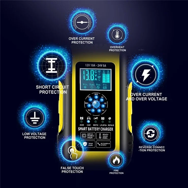 Fully-Automatic Smart Charger 12V/10A 24V/5A Battery MaintainerBattery Desulfator for Car Truck Motorcycle Lawn Mower Boat - US Plug/Yellow