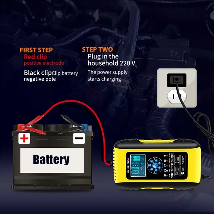 Fully-Automatic Smart Charger 12V/10A 24V/5A Battery MaintainerBattery Desulfator for Car Truck Motorcycle Lawn Mower Boat - EU Plug/Yellow