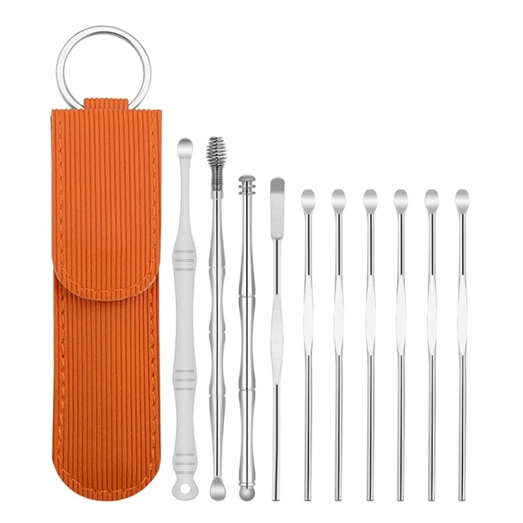 10Pcs/Set Ear Pick Earwax Removal Kit Stainless Steel Earpick Ear Spoon Cleaning Tool Set with Storage Pouch - Orange /Strips