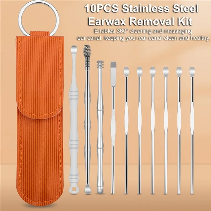 10Pcs/Set Ear Pick Earwax Removal Kit Stainless Steel Earpick Ear Spoon Cleaning Tool Set with Storage Pouch - Orange /Strips