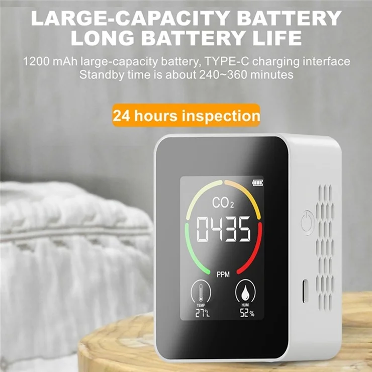 Carbon Dioxide Air Quality Monitor Pollution Ventilation Meter Tester Temperature Humidity Meter LCD Display with Backlit - White