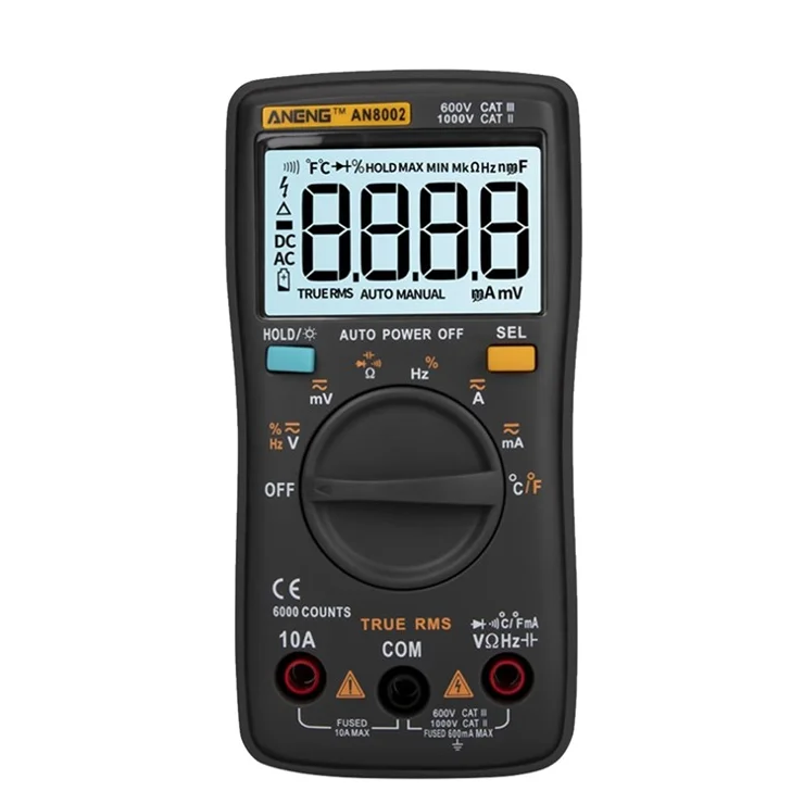 ANENG AN8002 Digital Multimeter RMS 6000 Counts Volt Meter Ohmmeter Auto-Ranging Tester AC/DC Voltage and Current, Temperature - Black