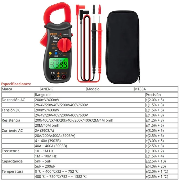 ANENG MT88A Digital Clamp Meter 1999 Counts Multimeter Voltage Tester Auto-ranging with AC/DC Voltage AC Current Resistance