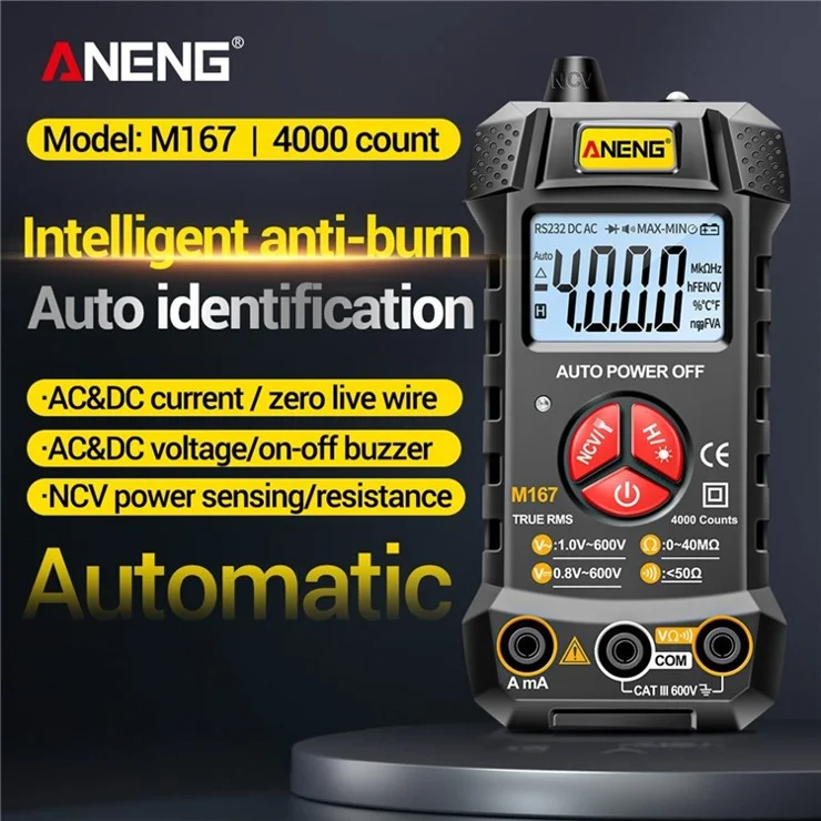 ANENG M167 Digital Multimeter Smart Voltmeter 4000 Counts Volt Meter Ohmmeter Auto-Ranging Tester with Backlight LCD Screen Flashlight