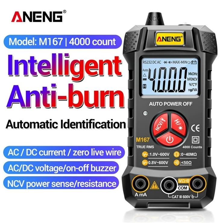 ANENG M167 Digital Multimeter Smart Voltmeter 4000 Counts Volt Meter Ohmmeter Auto-Ranging Tester with Backlight LCD Screen Flashlight