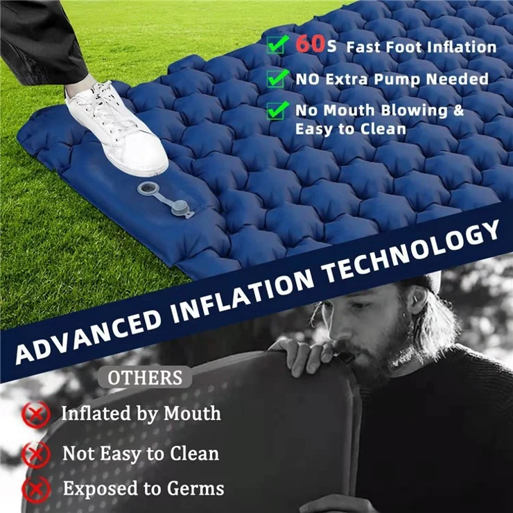 Portable 2 Person Camping Mat Air Mattress with Air Pillow Built-in Foot Pump Backpacking Sleeping Pad - Dark Blue