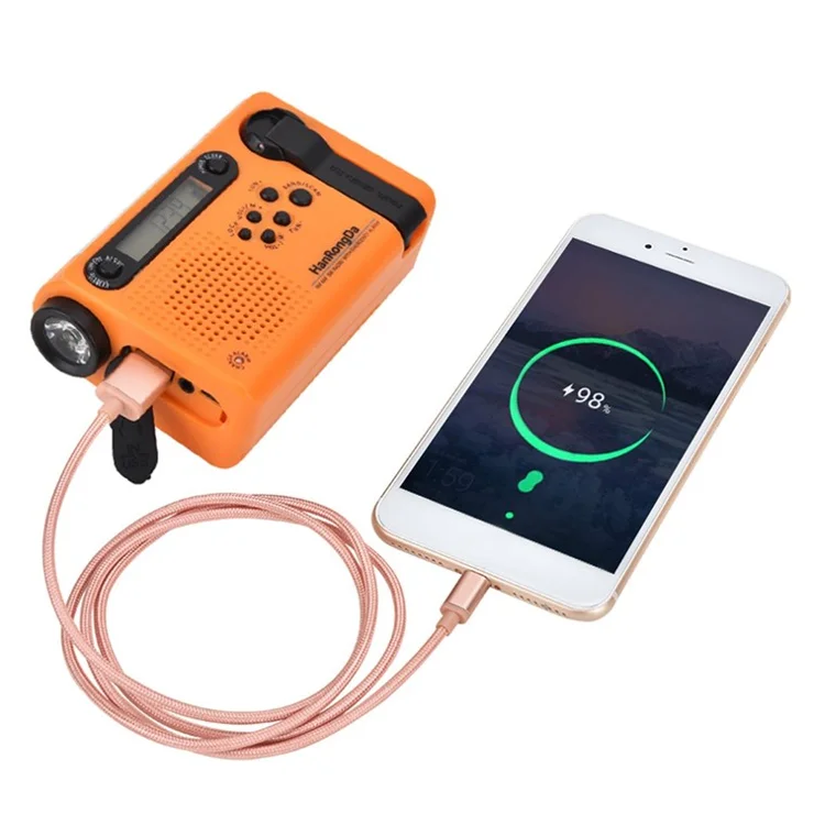 HANRONGDA Outdoor Emergency Radio Light Portable AM FM SW Radio with LED Flashlight 2000mAh Battery SOS Alarm Solar Powered Hand Crank Radio - Orange