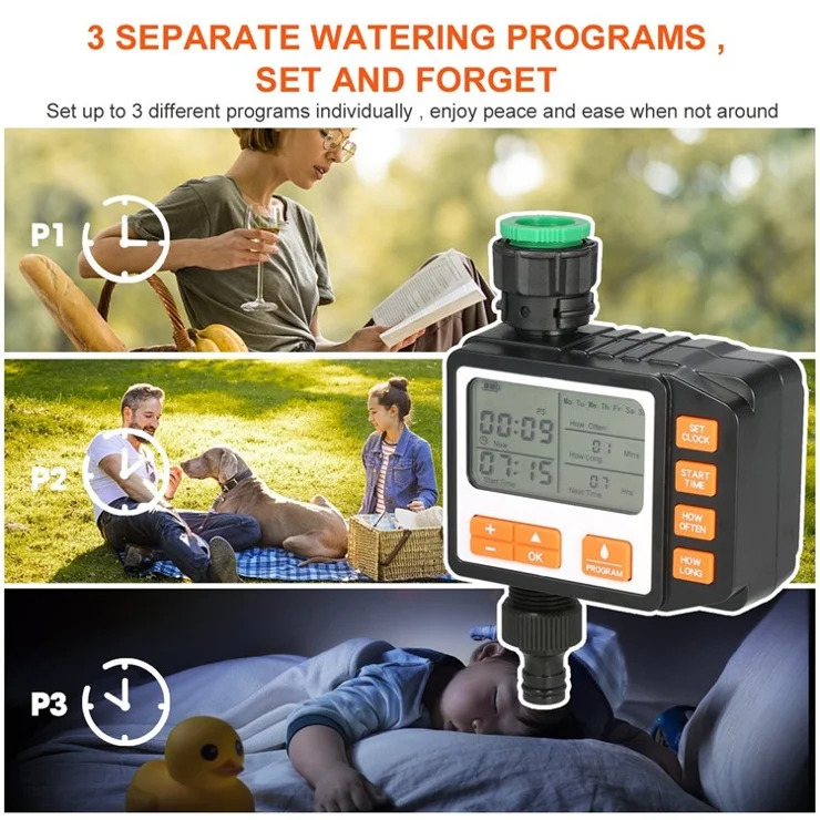IP65 Waterproof 3 Separate Programs Digital Water Timer 3in Large Screen Hose Timer Sprinkler Timer Single Valve Faucet for Garden Lawn - EU Inlet
