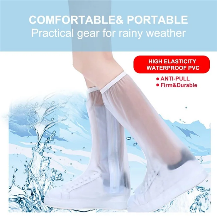 1Pair Waterproof Shoes Cover Transparent Foldable Reusable Slip Resistant Rain Boot Shoes Covers Overshoes High Leg Protector with Zipper - L