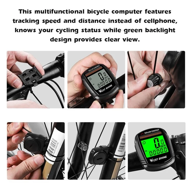 WEST BIKING Solar Energy Bike Computer Wireless Automatic Wake-up Speedometer and Odometer with LCD Backlight Display