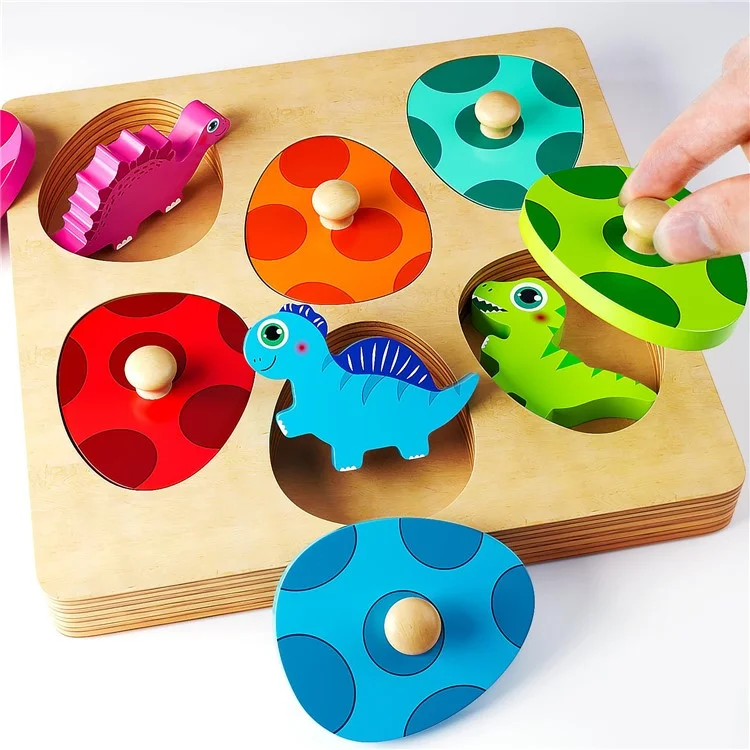 Dinosaur Match Eggs Peg Puzzles Wooden Montessori Preschool Learning Toys for Toddlers