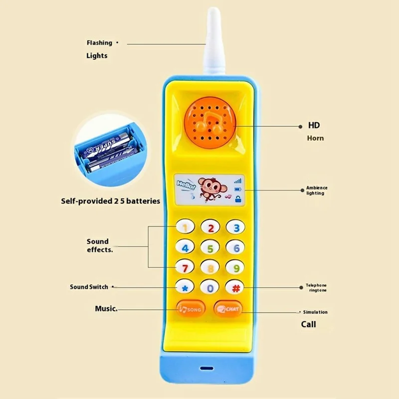 Jouet de téléphone bébé 8901-B, téléphone électronique musical pour enfants avec jeu de sons et de lumières, jouet éducatif - Jaune + Bleu