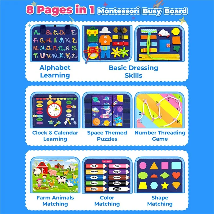 Tablero de actividades de astronauta con 8 páginas, juguete educativo de aprendizaje temprano, libro sensorial Montessori, regalo de cumpleaños