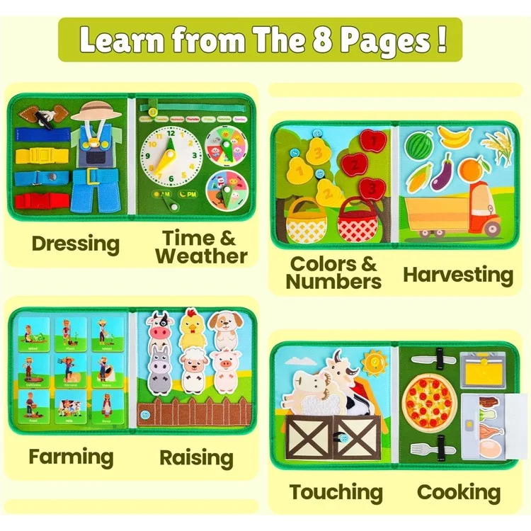 Tableau d'apprentissage en feutre pour enfants et tout-petits, livre éducatif interactif sur la ferme avec des animaux, jouet calme