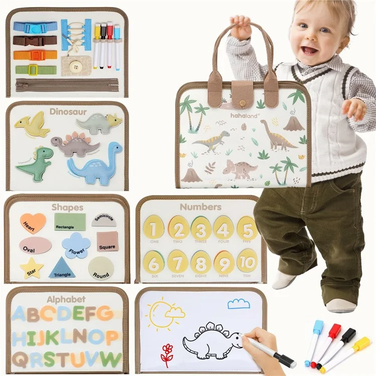 Tableau d'activités éducatives en feutre avec thème de dinosaures, jouet d'apprentissage 6 en 1 pour les enfants d'âge préscolaire