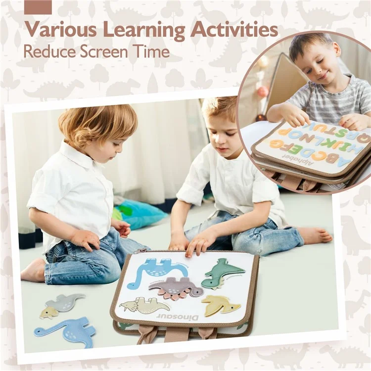 Tableau d'activités éducatives en feutre avec thème de dinosaures, jouet d'apprentissage 6 en 1 pour les enfants d'âge préscolaire