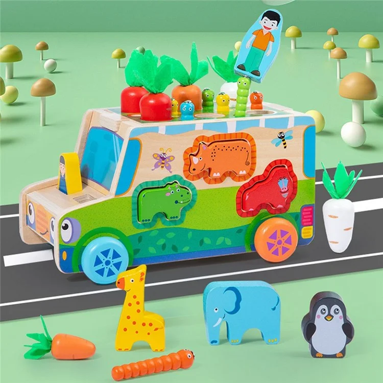 Wooden Animal Matching Puzzle Cart Educational Toy Carrot Harvest Worm Catch Game for Toddlers