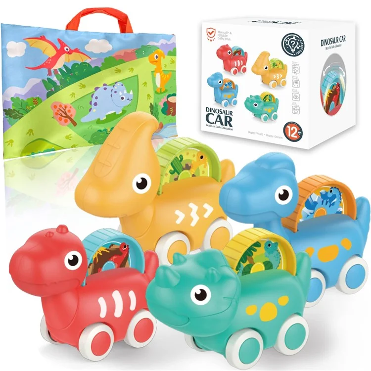 HE8009 4 Stück Mini Cartoon Dinosaurier Modell Autos mit Bildungsszene Karte Matte Tragbare Aufbewahrungstasche für Babys