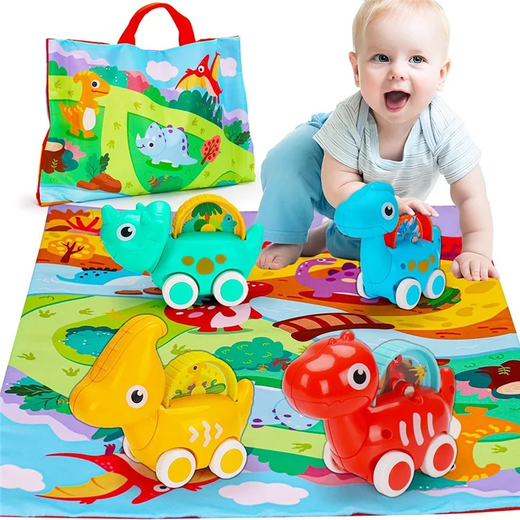 HE8009 4 Stück Mini Cartoon Dinosaurier Modell Autos mit Bildungsszene Karte Matte Tragbare Aufbewahrungstasche für Babys