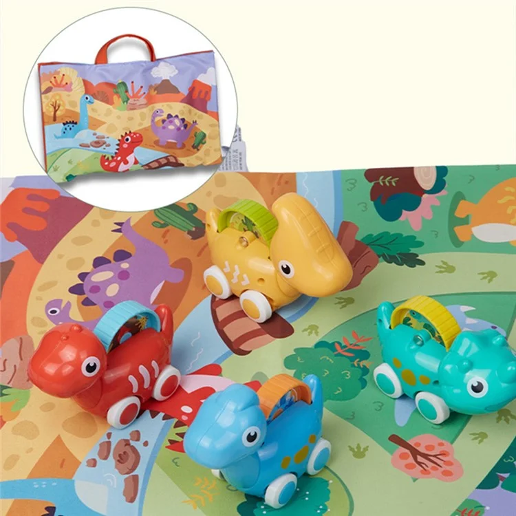 HE8009 4 Stück Mini Cartoon Dinosaurier Modell Autos mit Bildungsszene Karte Matte Tragbare Aufbewahrungstasche für Babys