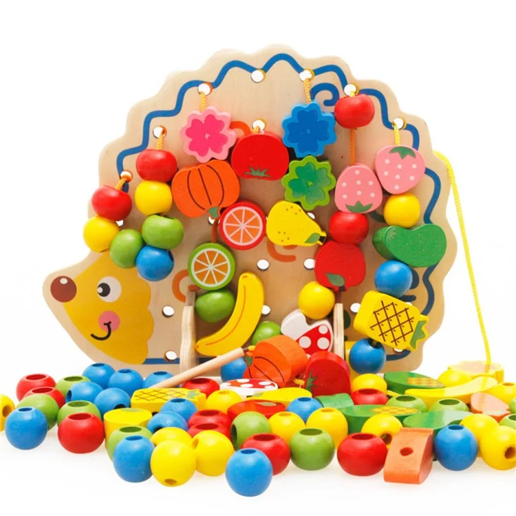 Hedgehog Shape Fruit Design Colorful Beads Wooden Lacing Toy Montessori Game for Children