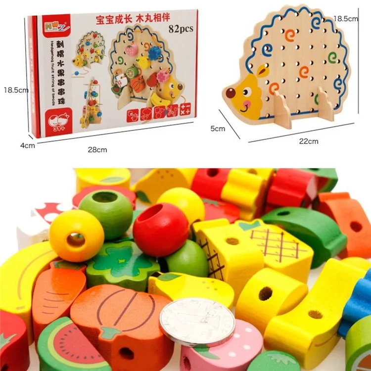Hedgehog Shape Fruit Design Colorful Beads Wooden Lacing Toy Montessori Game for Children