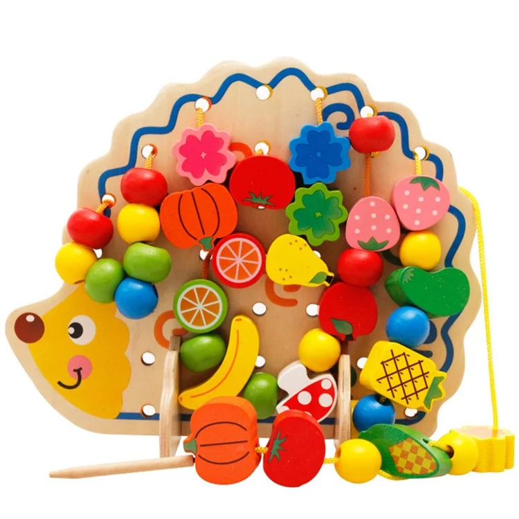 Hedgehog Shape Fruit Design Colorful Beads Wooden Lacing Toy Montessori Game for Children