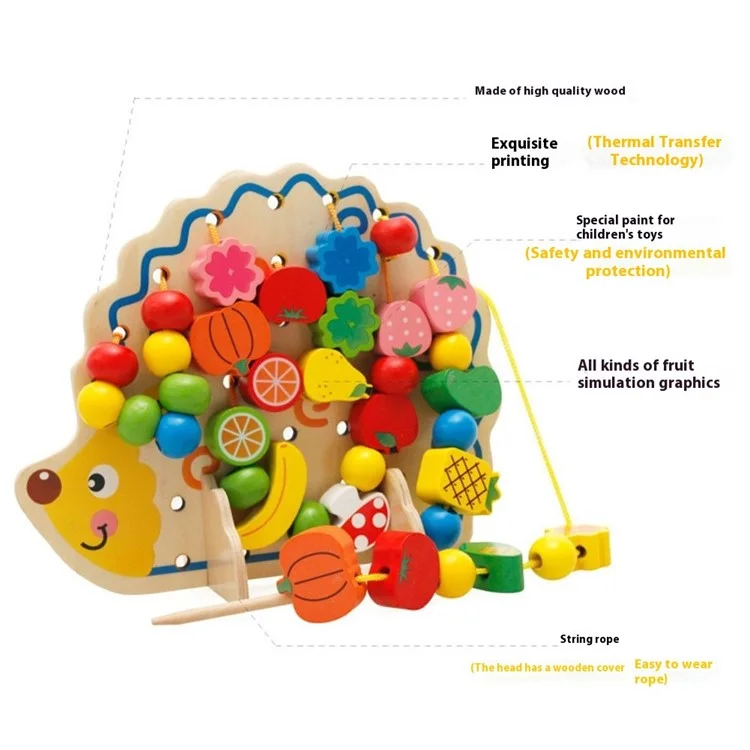 Hedgehog Shape Fruit Design Colorful Beads Wooden Lacing Toy Montessori Game for Children