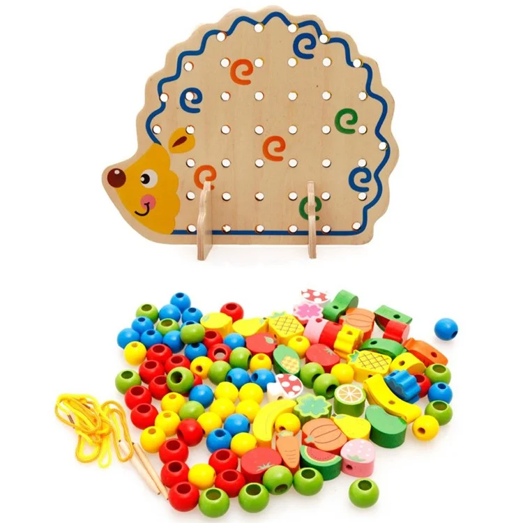 Hedgehog Shape Fruit Design Colorful Beads Wooden Lacing Toy Montessori Game for Children