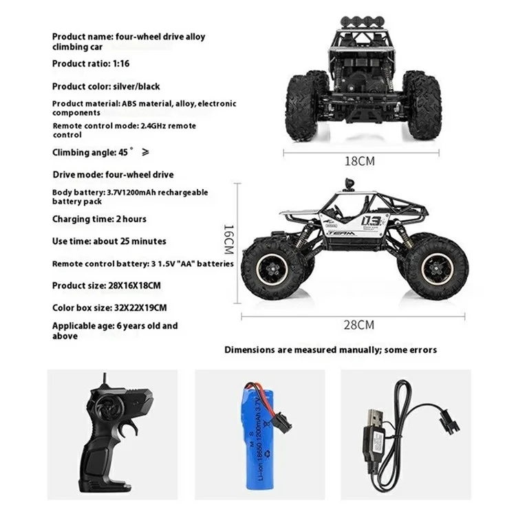1:16 Scale RC Truck 4WD Off Road Vehicle Alloy Rock Crawler Climbing Car Toy Model for Kids - Silver