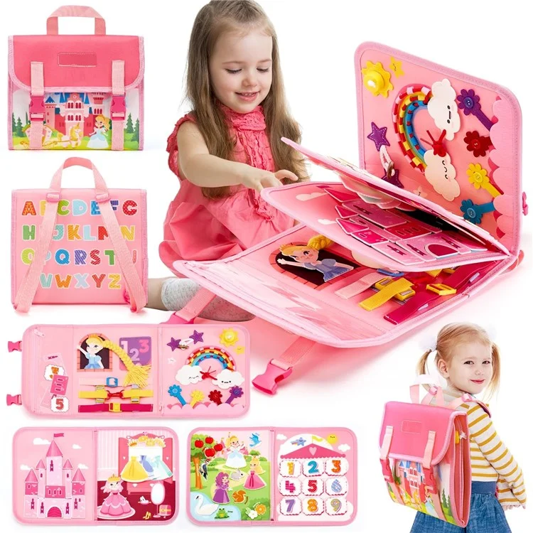 Felt Backpack Busy Board Toddler Learning Toy Children Educational Activity Board - Pink