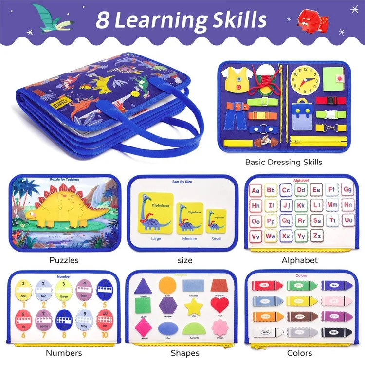 Dinosaur Double-Sided Felt Busy Board Educational Toy Activity Book for Children Sensory Learning Development