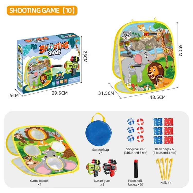 2888-10 4-in-1 Kinderwurfspiel-Set Indoor / Outdoor Lernspielzeug mit Sitzsäcken und Dartpistole