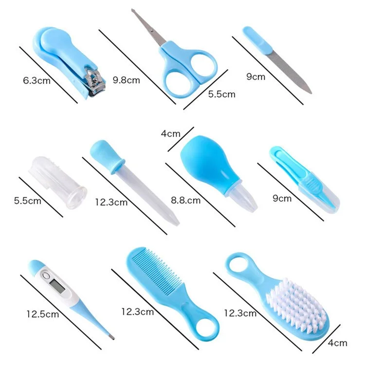 10 Peças Kit de Cuidados do Bebê Cortador de Unhas Termômetro Escova de Dentes Pente Escova Conjunto para Recém-Nascido Bebê - Azul