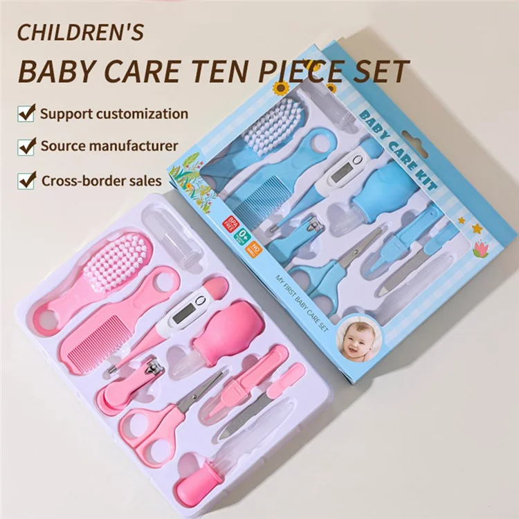 10 Peças Kit de Cuidados do Bebê Cortador de Unhas Termômetro Escova de Dentes Pente Escova Conjunto para Recém-Nascido Bebê - Azul