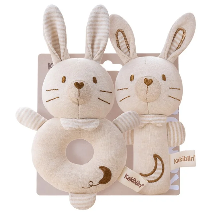 KAKIBLIN 2Pcs Cartoon Animal Baby Rattle Teether Set Organic Cotton Infant Soothing Doll Shaker Toys - Rabbit