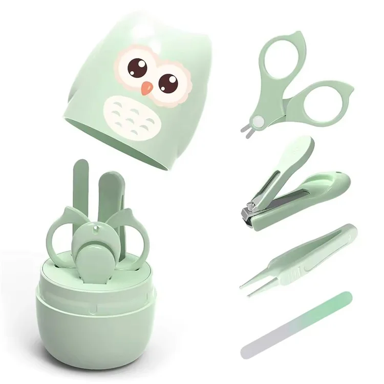 4-teiliges Cartoon-Eulen-Muster Baby-Nagelpflegeset mit Nagelschere, Nagelknipser, Pinzette und Feile - Mintgrün