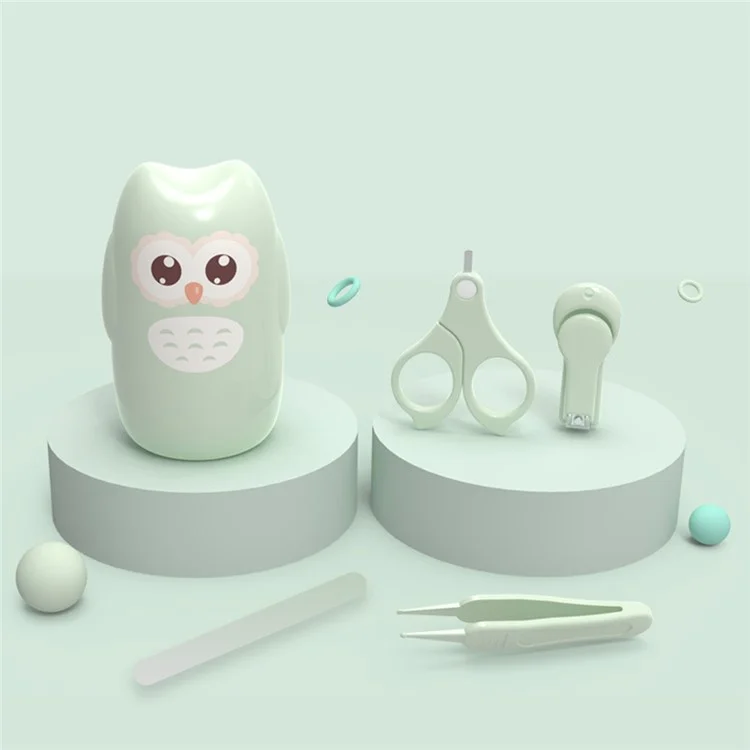 4-teiliges Cartoon-Eulen-Muster Baby-Nagelpflegeset mit Nagelschere, Nagelknipser, Pinzette und Feile - Mintgrün