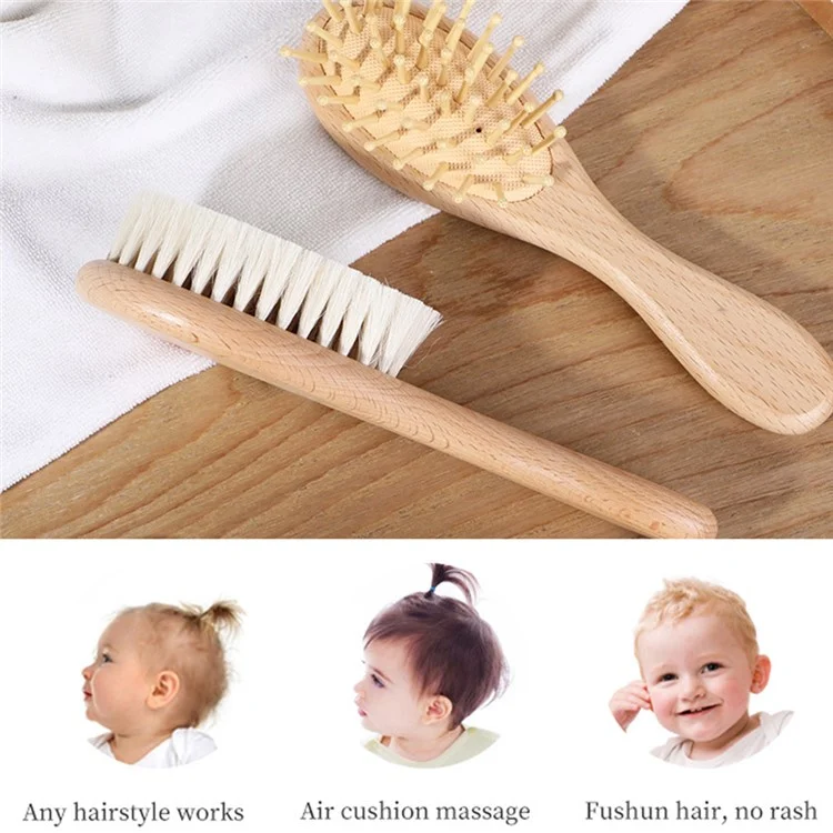Beech Wood Baby Comb Small Soft Wool Brush For Children Gentle On Scalp Hair Care Set