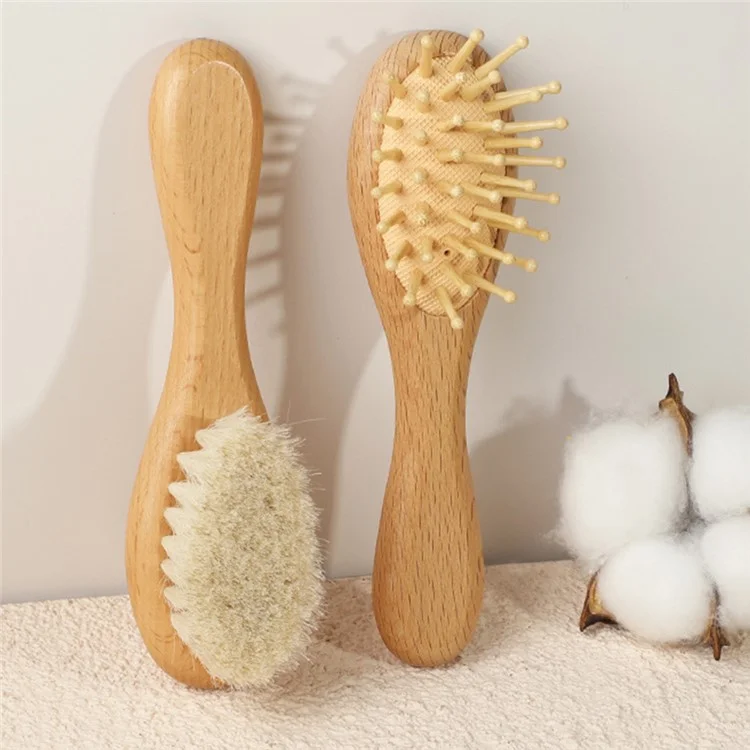 Beech Wood Baby Comb Small Soft Wool Brush For Children Gentle On Scalp Hair Care Set