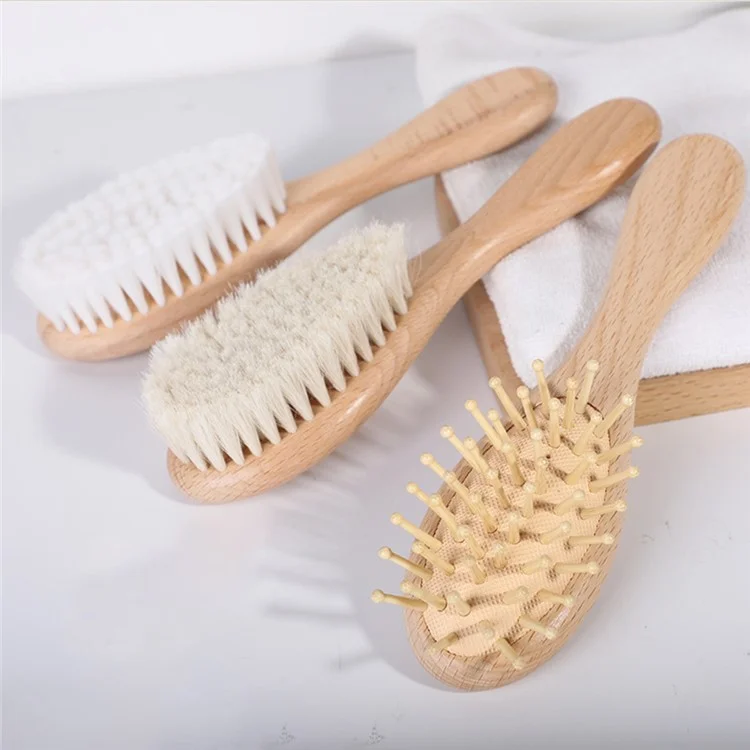 Beech Wood Baby Comb Small Soft Wool Brush For Children Gentle On Scalp Hair Care Set
