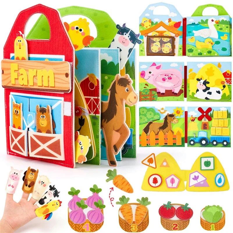 Livre d'activités Montessori Animaux de la Ferme en Feutrine - Livre Éducatif Silencieux pour Tout-Petits