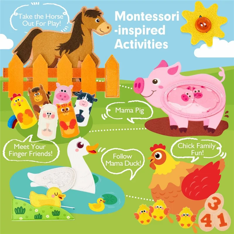 Livre d'activités Montessori Animaux de la Ferme en Feutrine - Livre Éducatif Silencieux pour Tout-Petits