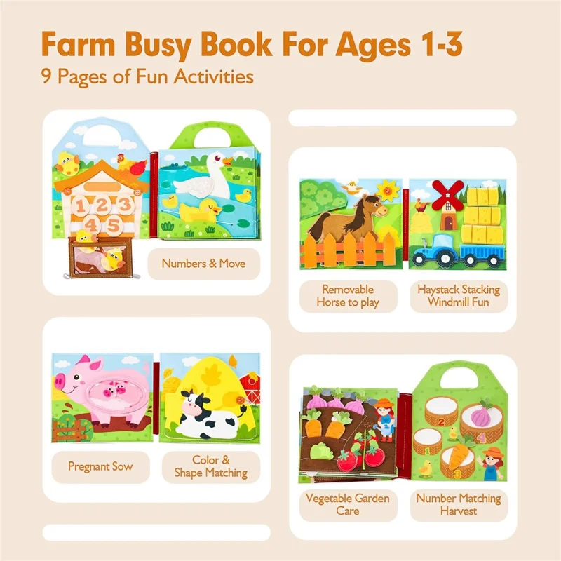 Livre d'activités Montessori Animaux de la Ferme en Feutrine - Livre Éducatif Silencieux pour Tout-Petits