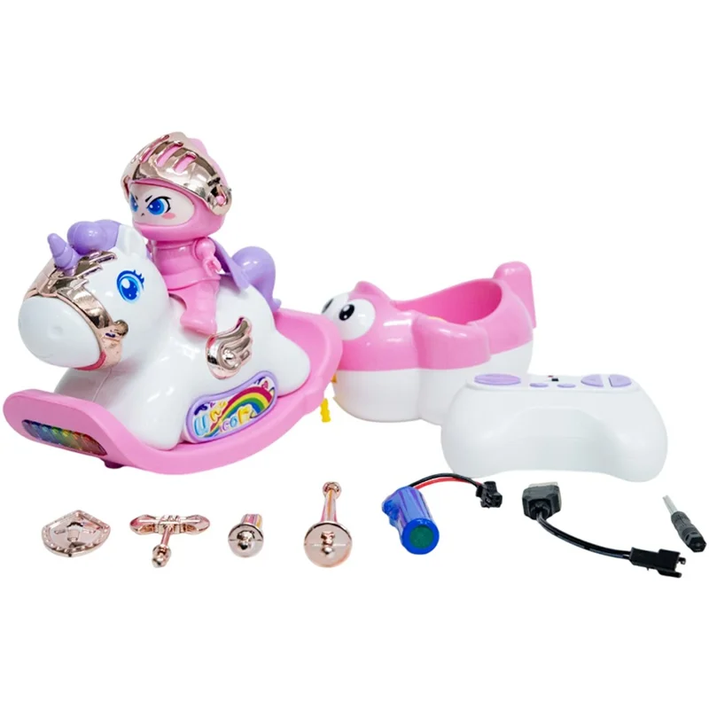 HHY006 Cheval de Bataille RC Interactif 2,4G avec Remorque à Pare-chocs, Lumières et Musique pour Enfants - Rose