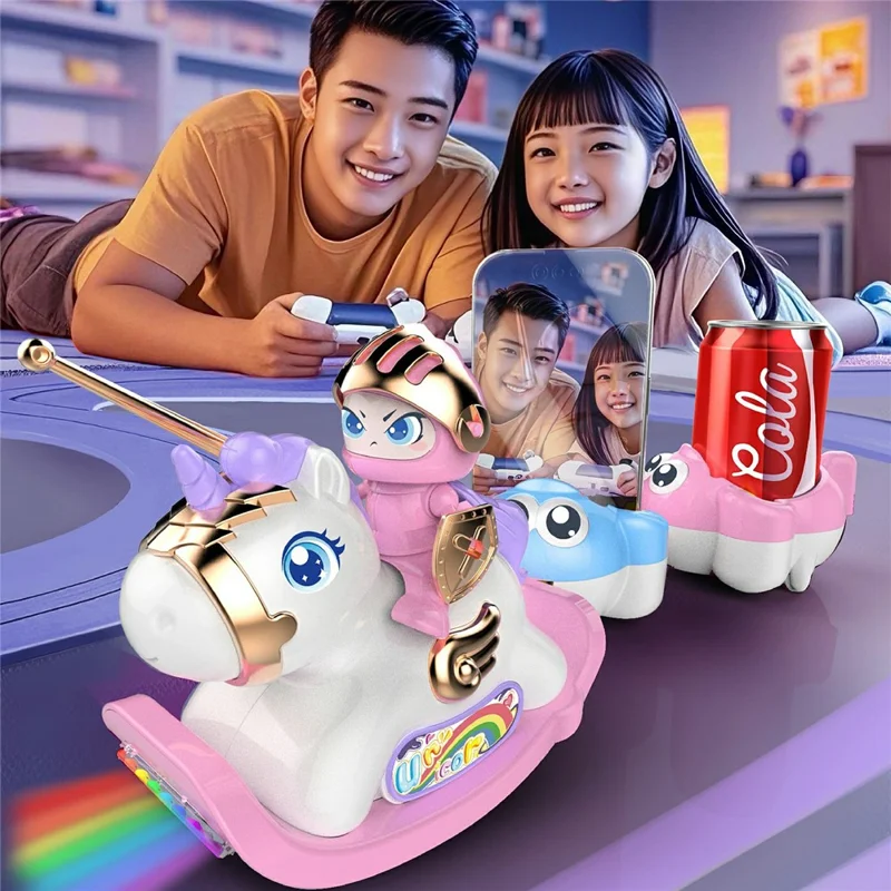HHY006 Cheval de Bataille RC Interactif 2,4G avec Remorque à Pare-chocs, Lumières et Musique pour Enfants - Rose