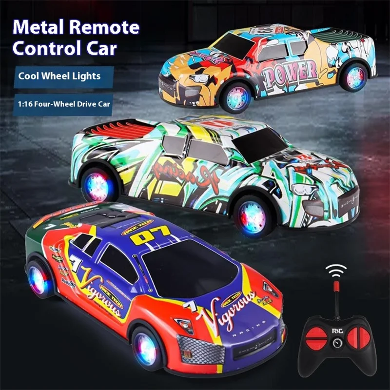 HDXX229 Electric RC Drift Race Car for Boys 4-Channel Graffiti Alloy Tin Light Vehicle Truck Remote Control Toy Car - Dark Blue Racing Car